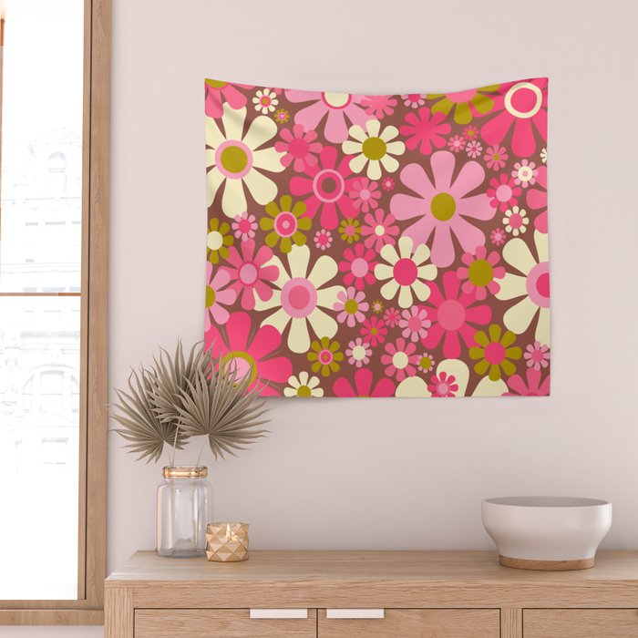 Groovy Retro Floral Garden 60s 70s Pattern in Pink Avocado Brown 2 Wall Tapestry Gallery Image 2