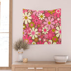 Groovy Retro Floral Garden 60s 70s Pattern in Pink Avocado Brown 2 Wall Tapestry Gallery Image 2
