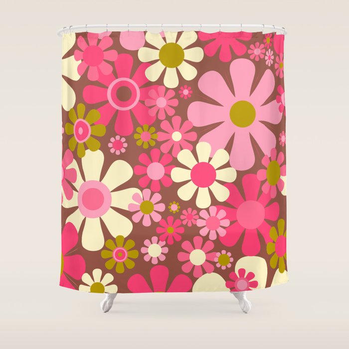 Groovy Retro Floral Garden 60s 70s Pattern in Pink Avocado Brown 2 Shower Curtain Gallery Image 1