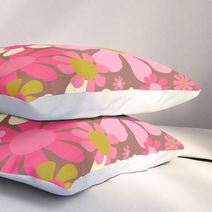 Groovy Retro Floral Garden 60s 70s Pattern in Pink Avocado Brown 2 Pillow Sham Gallery Image 3
