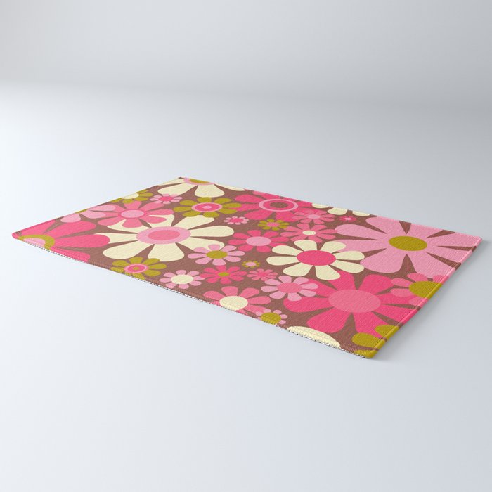 Groovy Retro Floral Garden 60s 70s Pattern in Pink Avocado Brown 2 Rug Gallery Image 3