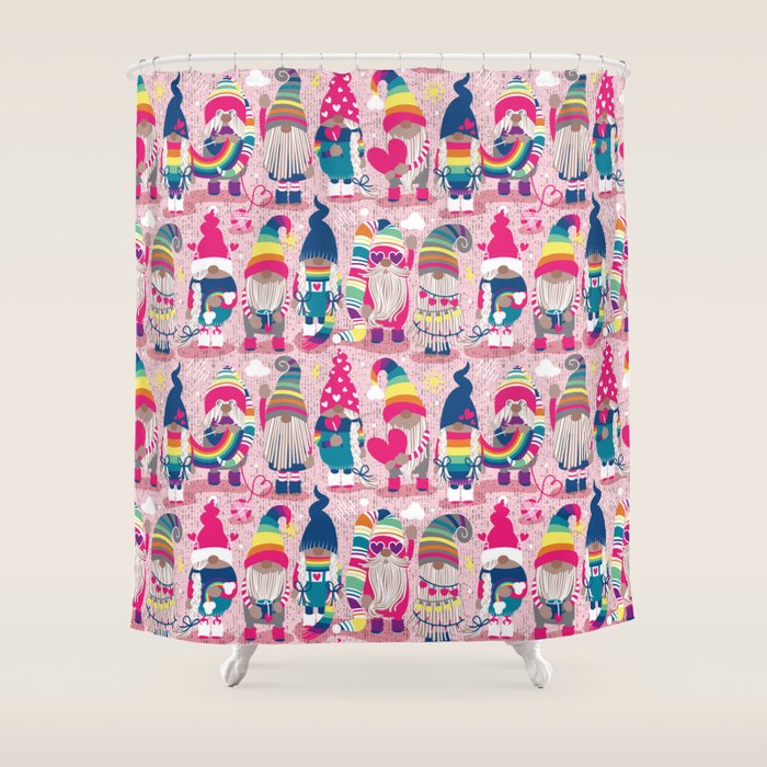 I gnome you // pastel pink background little happy and lovely gnomes with rainbows fuchsia pink hearts Shower Curtain Gallery Image 1