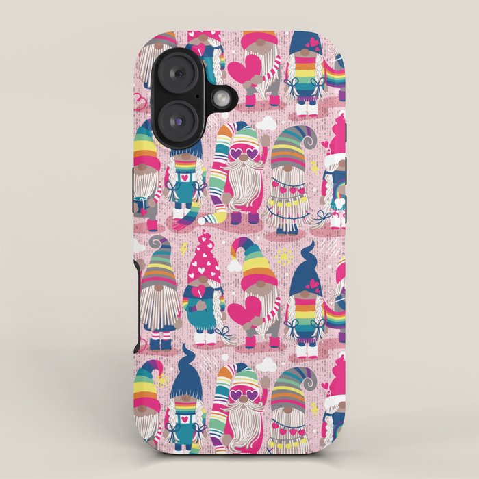 I gnome you // pastel pink background little happy and lovely gnomes with rainbows fuchsia pink hearts iPhone Case Gallery Image 1
