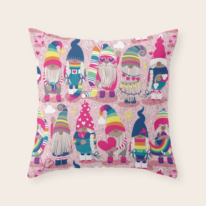 I gnome you // pastel pink background little happy and lovely gnomes with rainbows fuchsia pink hearts Throw Pillow Gallery Image 6
