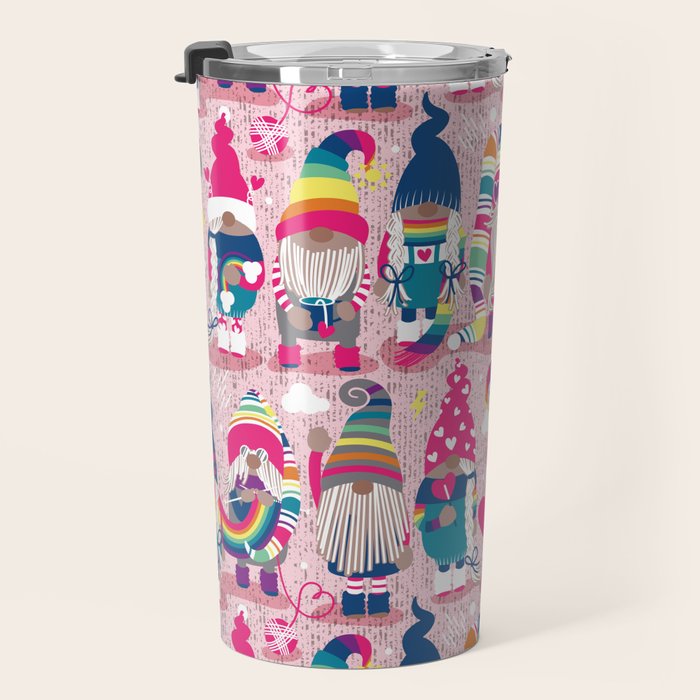 I gnome you // pastel pink background little happy and lovely gnomes with rainbows fuchsia pink hearts Travel Mug Gallery Image 3
