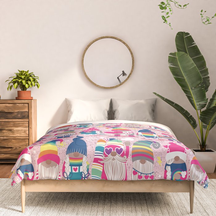 I gnome you // pastel pink background little happy and lovely gnomes with rainbows fuchsia pink hearts Comforter Gallery Image 3