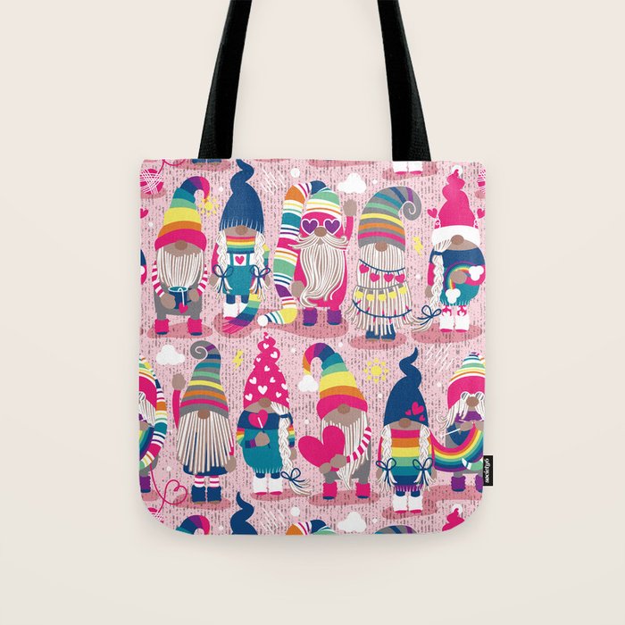 I gnome you // pastel pink background little happy and lovely gnomes with rainbows fuchsia pink hearts Tote Bag Gallery Image 1