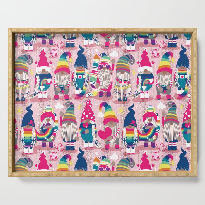 I gnome you // pastel pink background little happy and lovely gnomes with rainbows fuchsia pink hearts Serving Tray Gallery Image 1