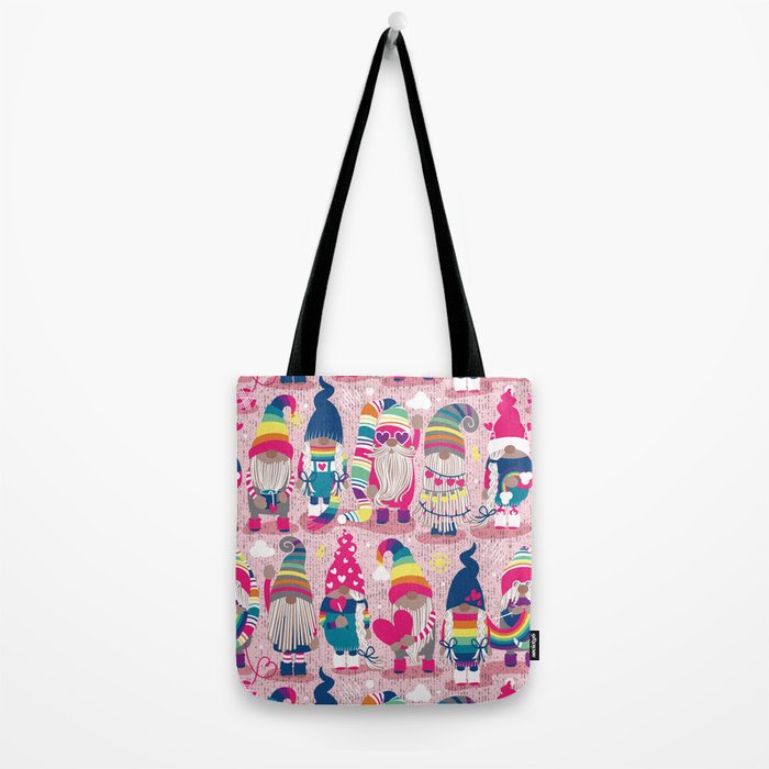 I gnome you // pastel pink background little happy and lovely gnomes with rainbows fuchsia pink hearts Tote Bag Gallery Image 2