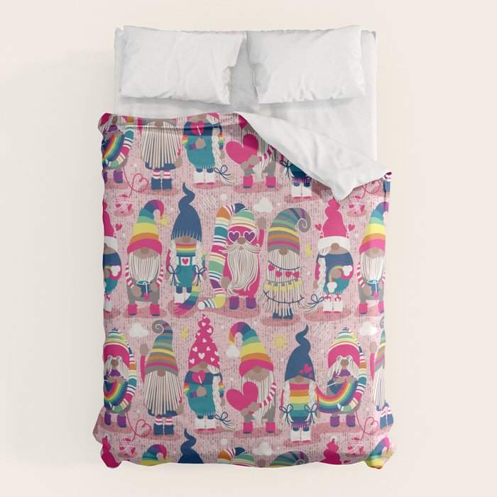 I gnome you // pastel pink background little happy and lovely gnomes with rainbows fuchsia pink hearts Duvet Cover Gallery Image 6