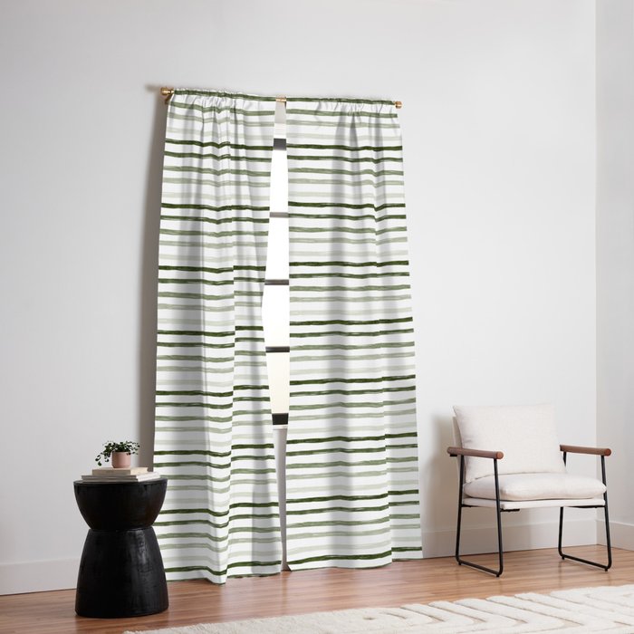 Watercolor Green and White Striped Window Curtain Gallery Image 2