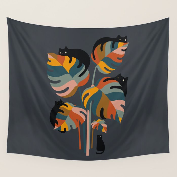 Cat and Plant 11 (Black Cats) Wall Tapestry Gallery Image 4