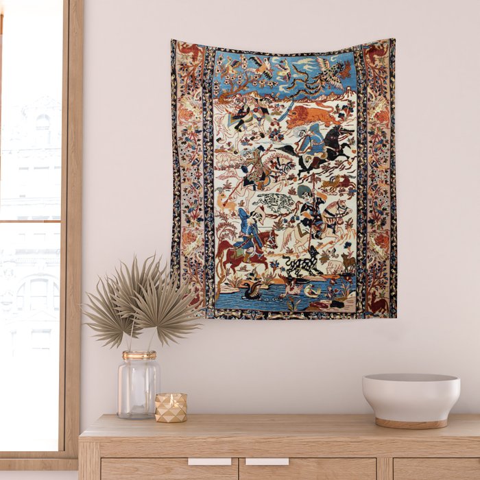 Isfahan Vintage Persian Hunting Rug Print Wall Tapestry Gallery Image 2