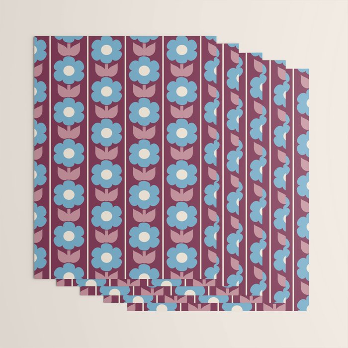 Vintage Floral Jonnty Flowers and Stripes Maroon and Blue Pattern Wrapping Paper Gallery Image 3