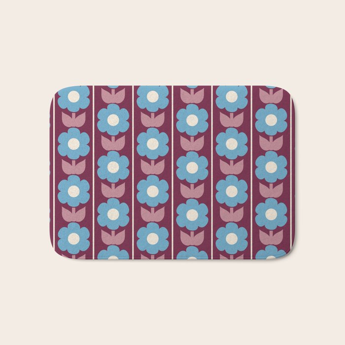Vintage Floral Jonnty Flowers and Stripes Maroon and Blue Pattern Bath Mat Gallery Image 1