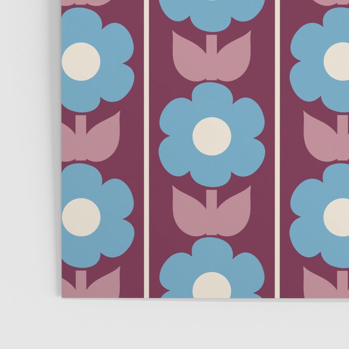 Vintage Floral Jonnty Flowers and Stripes Maroon and Blue Pattern Poster Gallery Image 3
