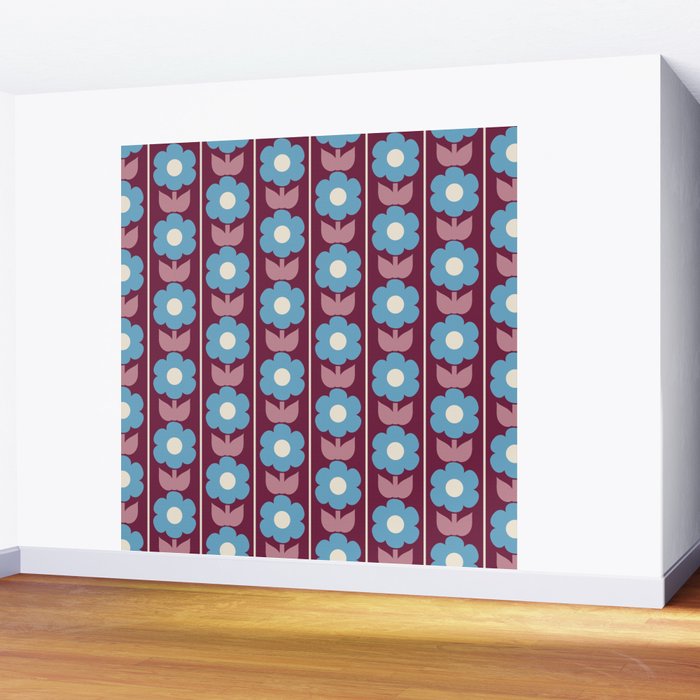 Vintage Floral Jonnty Flowers and Stripes Maroon and Blue Pattern Wall Mural Gallery Image 2