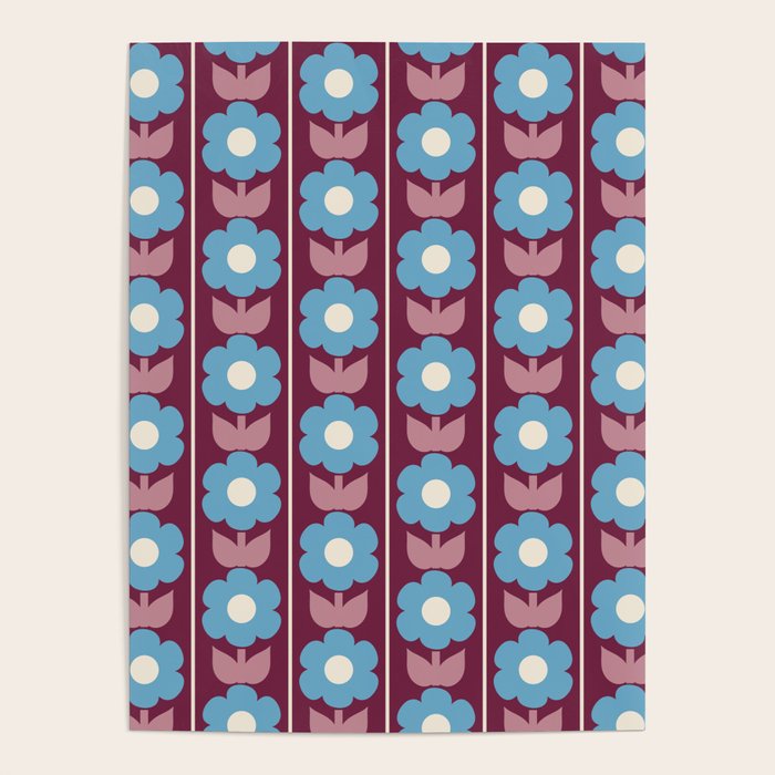 Vintage Floral Jonnty Flowers and Stripes Maroon and Blue Pattern Poster Gallery Image 1