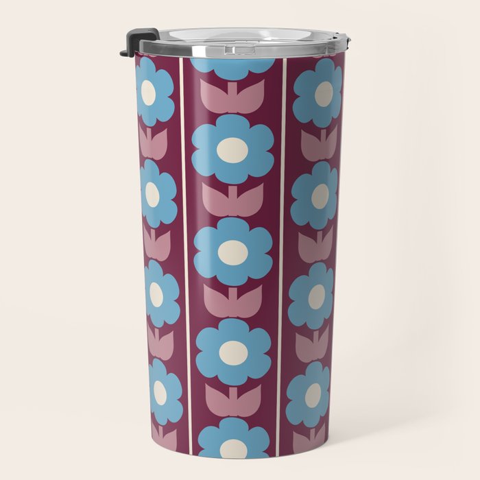 Vintage Floral Jonnty Flowers and Stripes Maroon and Blue Pattern Travel Mug Gallery Image 3