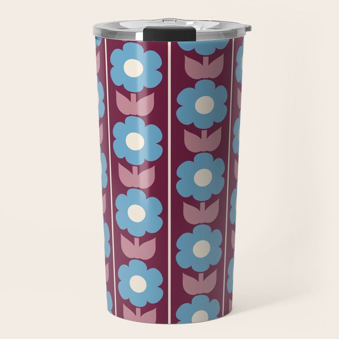 Vintage Floral Jonnty Flowers and Stripes Maroon and Blue Pattern Travel Mug Gallery Image 1