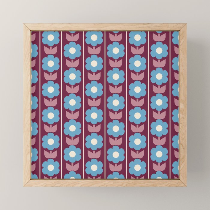 Vintage Floral Jonnty Flowers and Stripes Maroon and Blue Pattern Mini Art Print Gallery Image 1