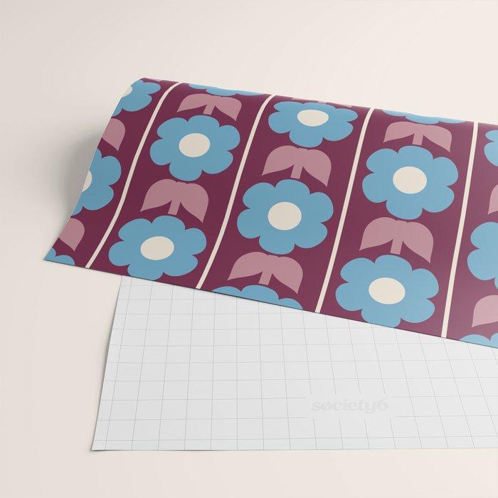 Vintage Floral Jonnty Flowers and Stripes Maroon and Blue Pattern Wrapping Paper Gallery Image 2