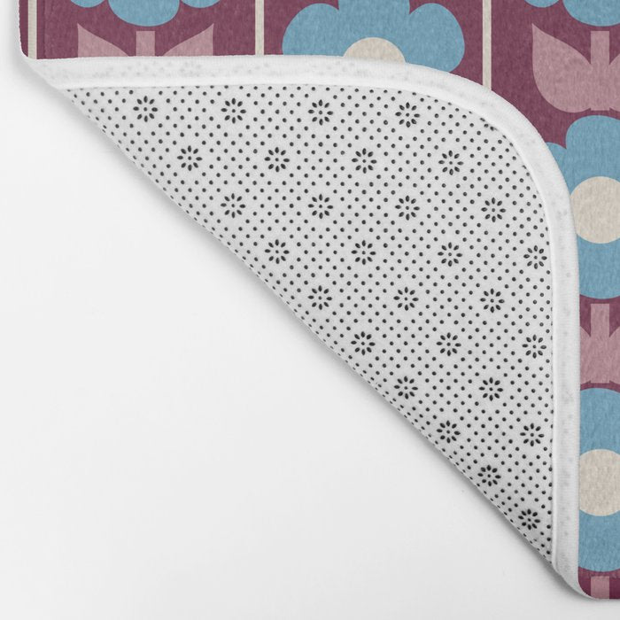 Vintage Floral Jonnty Flowers and Stripes Maroon and Blue Pattern Bath Mat Gallery Image 2