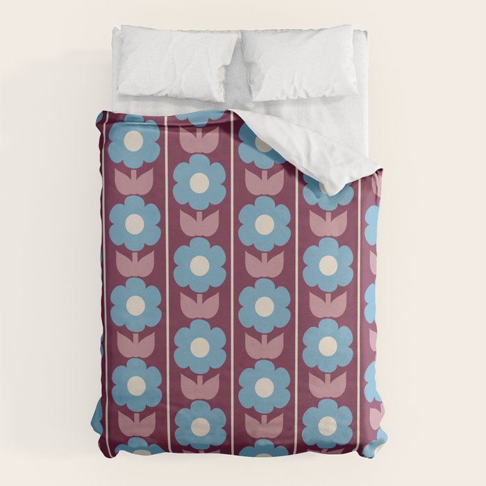 Vintage Floral Jonnty Flowers and Stripes Maroon and Blue Pattern Duvet Cover Gallery Image 6