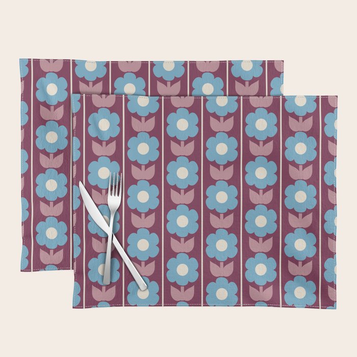 Vintage Floral Jonnty Flowers and Stripes Maroon and Blue Pattern Placemat Gallery Image 1