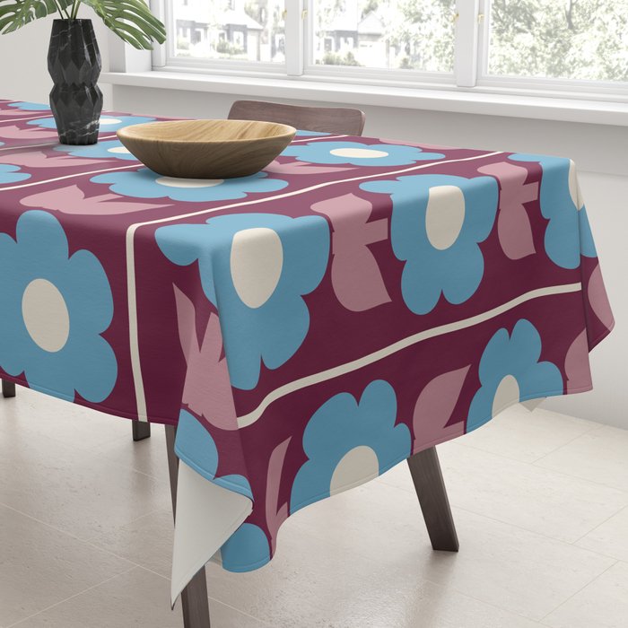 Vintage Floral Jonnty Flowers and Stripes Maroon and Blue Pattern Tablecloth Gallery Image 3
