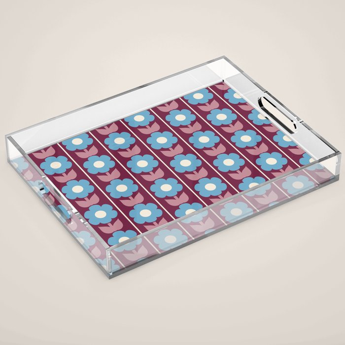 Vintage Floral Jonnty Flowers and Stripes Maroon and Blue Pattern Acrylic Tray Gallery Image 1