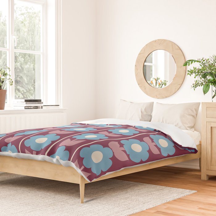 Vintage Floral Jonnty Flowers and Stripes Maroon and Blue Pattern Duvet Cover Gallery Image 2