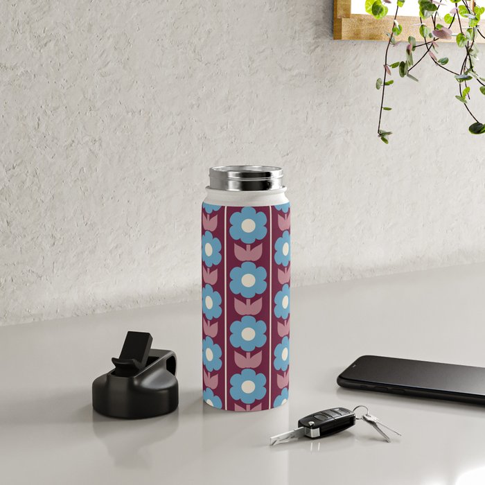 Vintage Floral Jonnty Flowers and Stripes Maroon and Blue Pattern Water Bottle Gallery Image 4