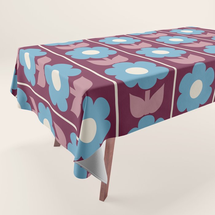 Vintage Floral Jonnty Flowers and Stripes Maroon and Blue Pattern Tablecloth Gallery Image 1