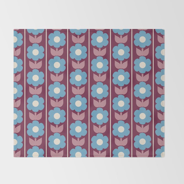 Vintage Floral Jonnty Flowers and Stripes Maroon and Blue Pattern Throw Blanket Gallery Image 2