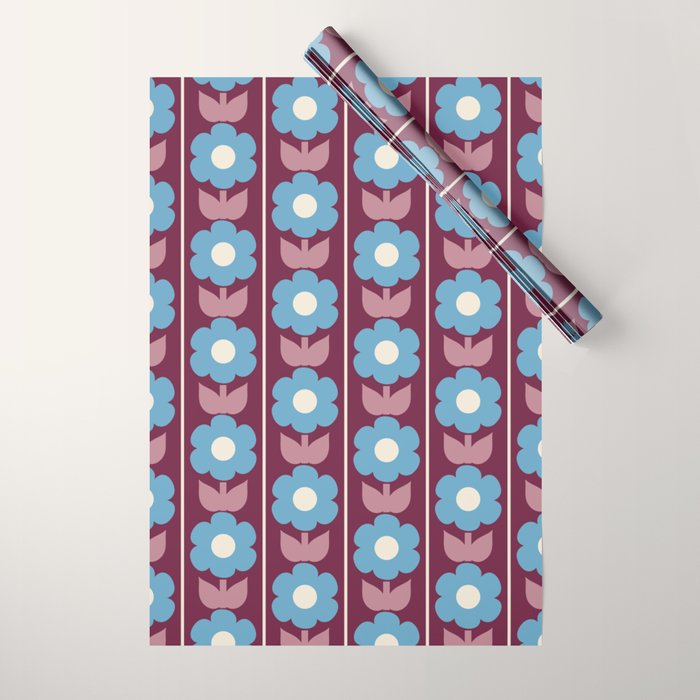 Vintage Floral Jonnty Flowers and Stripes Maroon and Blue Pattern Wrapping Paper Gallery Image 1
