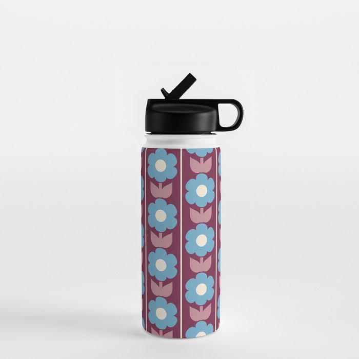 Vintage Floral Jonnty Flowers and Stripes Maroon and Blue Pattern Water Bottle Gallery Image 1
