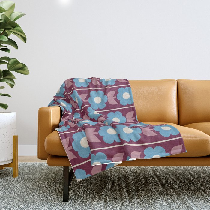 Vintage Floral Jonnty Flowers and Stripes Maroon and Blue Pattern Throw Blanket Gallery Image 1