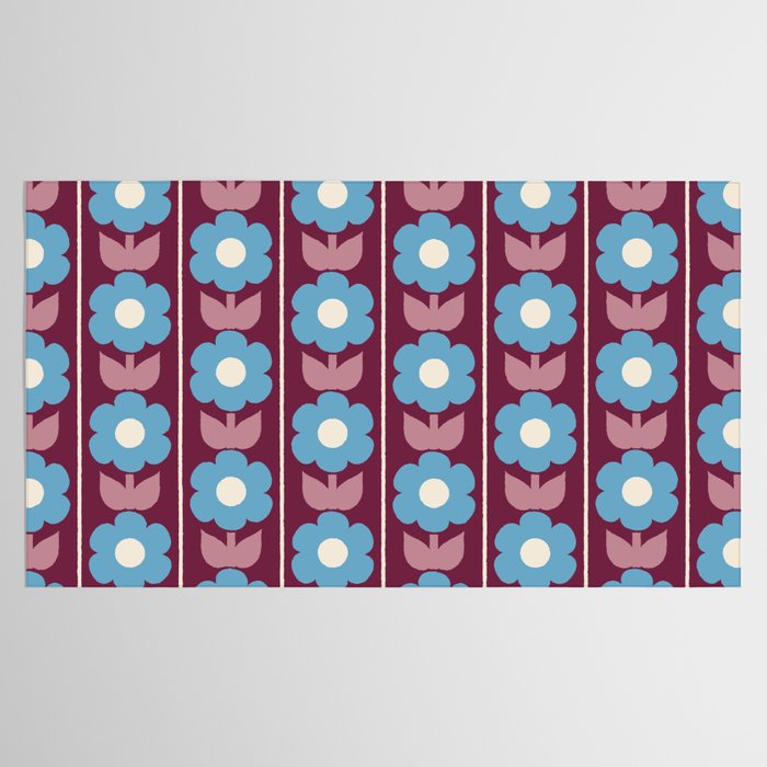 Vintage Floral Jonnty Flowers and Stripes Maroon and Blue Pattern Tablecloth Gallery Image 2