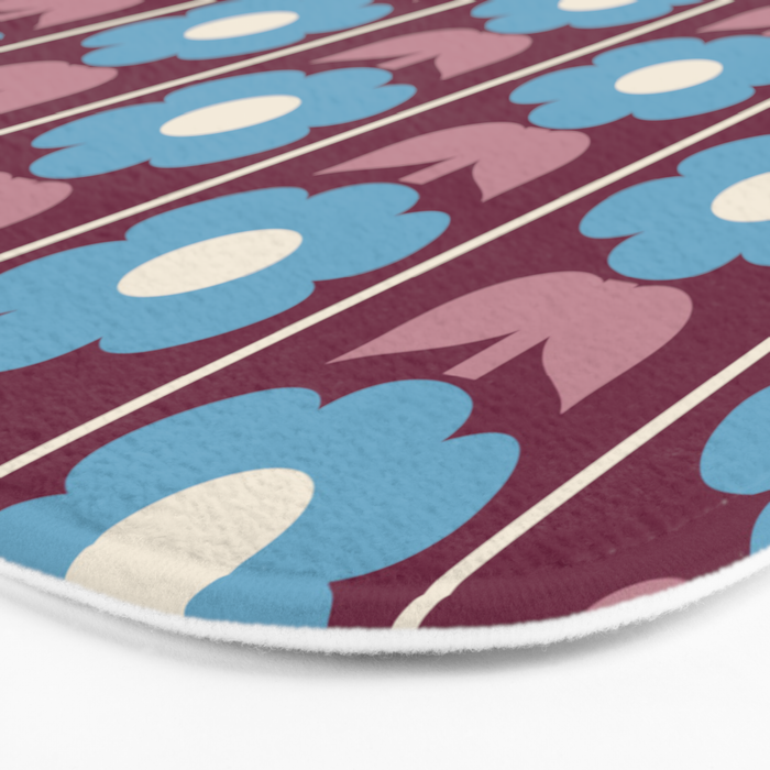 Vintage Floral Jonnty Flowers and Stripes Maroon and Blue Pattern Bath Mat Gallery Image 3