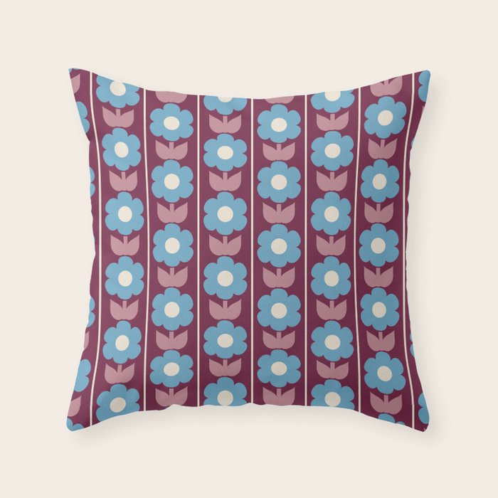 Vintage Floral Jonnty Flowers and Stripes Maroon and Blue Pattern Throw Pillow Gallery Image 1