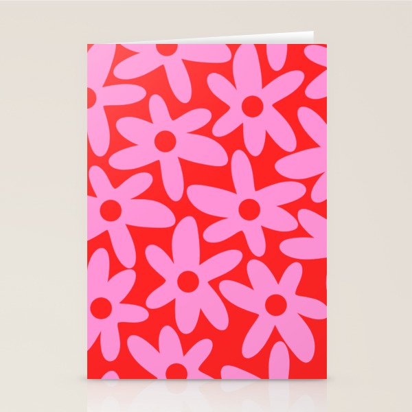 Daisy Time Floral Pattern in Preppy Pink and Red Stationery Card Gallery Image 1