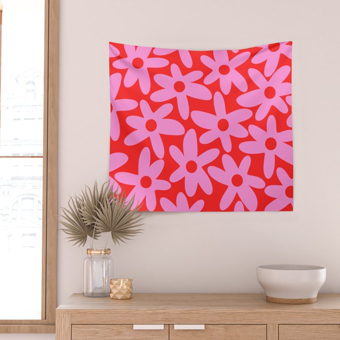 Daisy Time Floral Pattern in Preppy Pink and Red Wall Tapestry Gallery Image 2