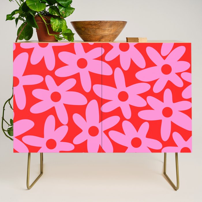 Daisy Time Floral Pattern in Preppy Pink and Red Credenza Gallery Image 1