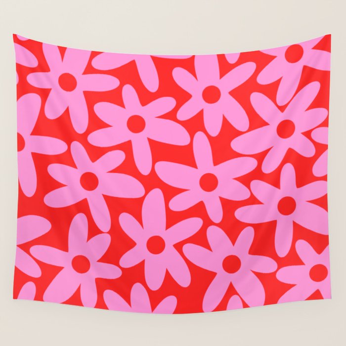 Daisy Time Floral Pattern in Preppy Pink and Red Wall Tapestry Gallery Image 1