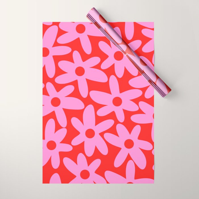 Daisy Time Floral Pattern in Preppy Pink and Red Wrapping Paper Gallery Image 1