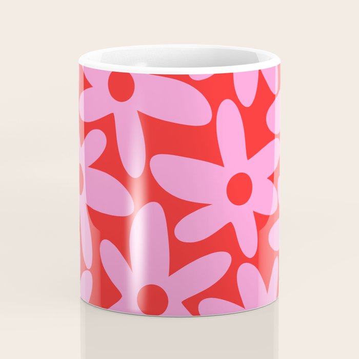Daisy Time Floral Pattern in Preppy Pink and Red Coffee Mug Gallery Image 4