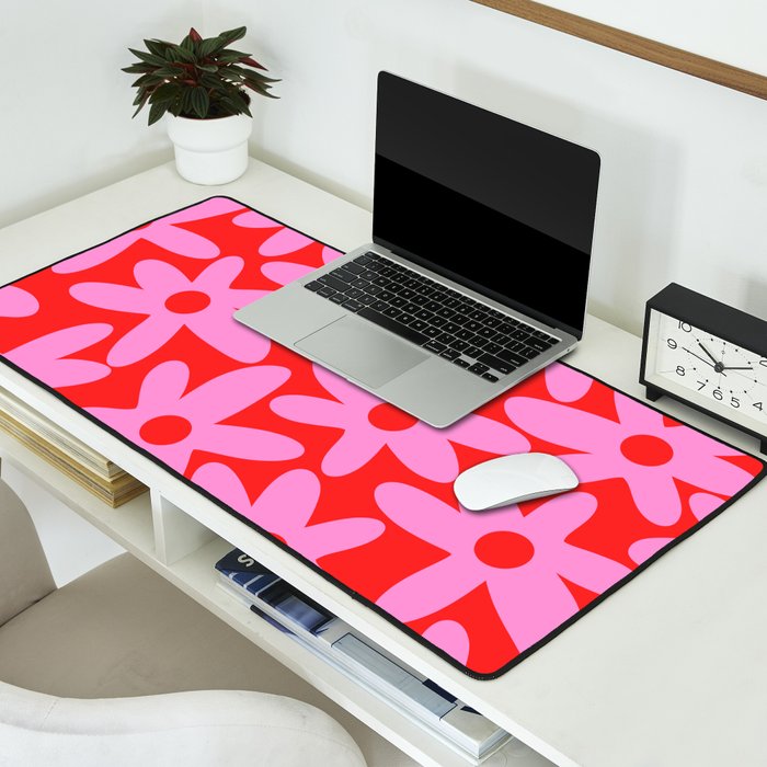 Daisy Time Floral Pattern in Preppy Pink and Red Desk Mat Gallery Image 2