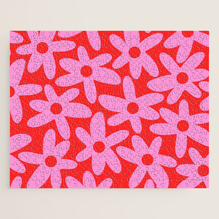 Daisy Time Floral Pattern in Preppy Pink and Red Jigsaw Puzzle Gallery Image 1