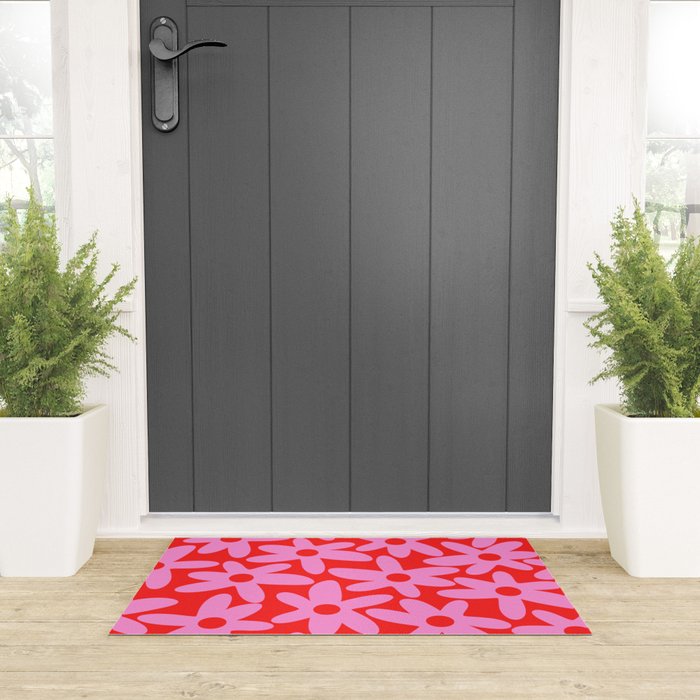 Daisy Time Floral Pattern in Preppy Pink and Red Welcome Mat Gallery Image 3